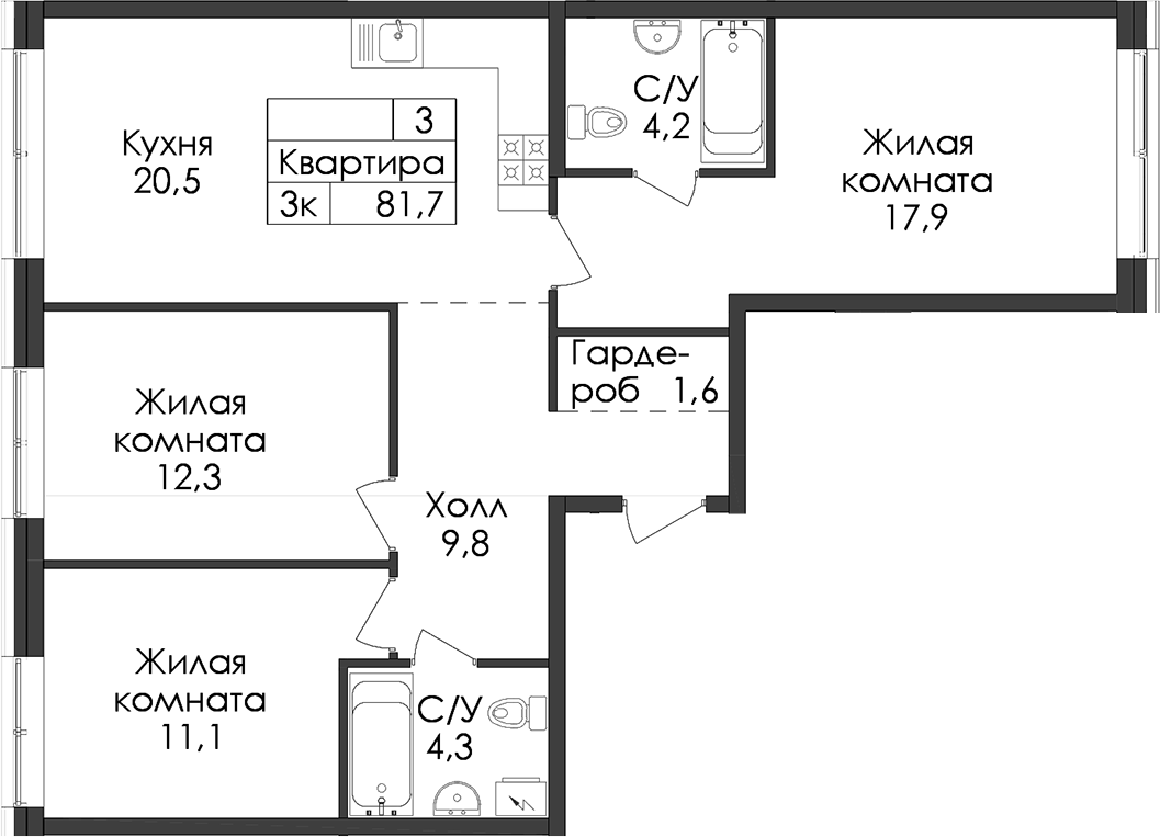 3-комнатная квартира 81.7 м², 1/9 эт., ЖК «Лермонтовский 54»
